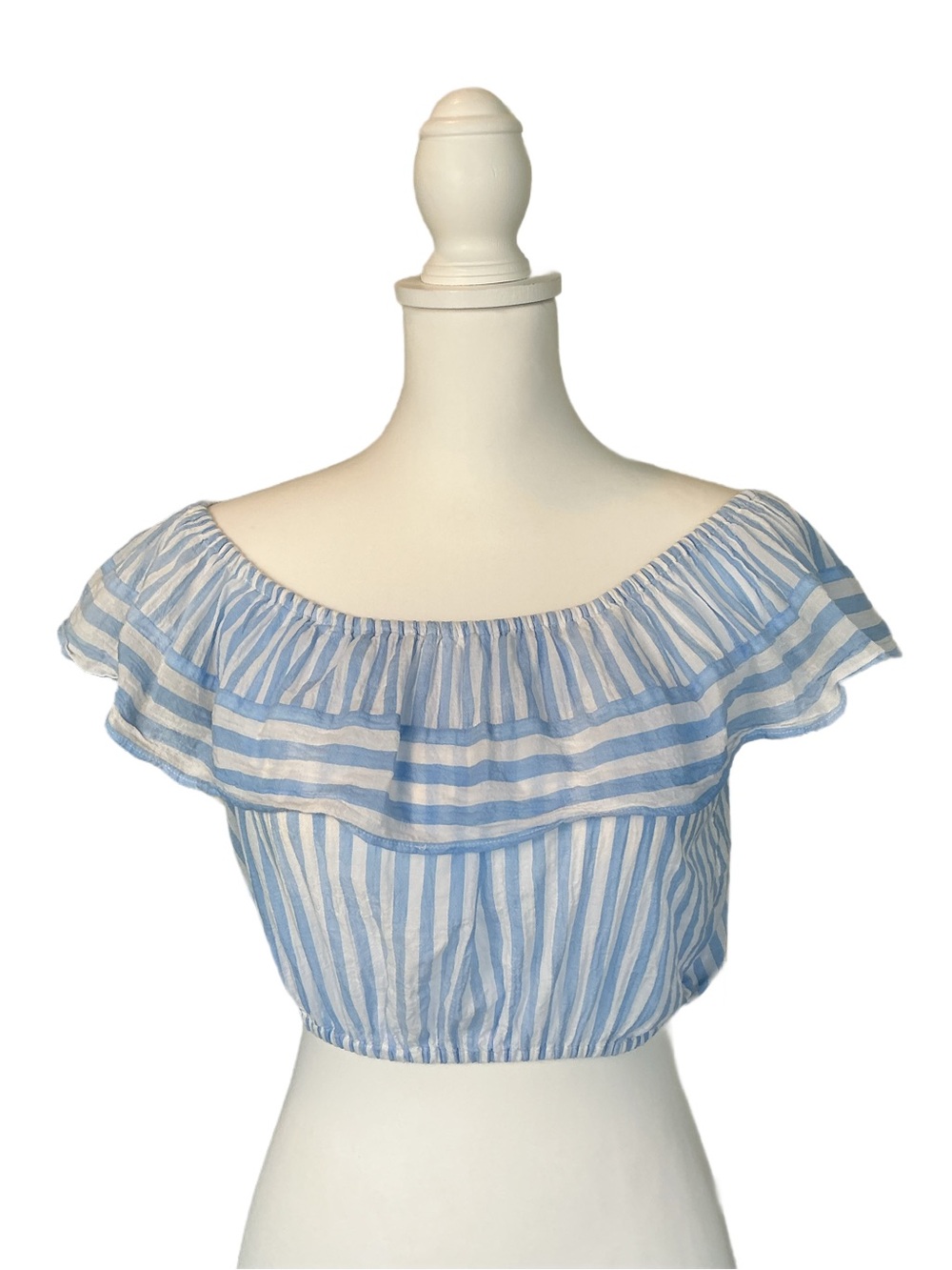 J. Crew Blue and White Striped Off-Shoulder Crop Top